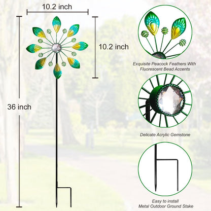 Metal Peacock Wind Spinner for Outdoor Garden Decor - 36 Inch Height Feather Wind Catcher with Stake, Lawn & Patio Art, Weather-Resistant Yar