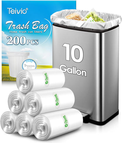 10 Gallon 200 Counts Medium Trash Bags Tall Kitchen Garbage Bags by Teivio, 9 Gallon 10 Gallon 11 Gallon,Bathroom Trash Can Bin Liners, Intended for Home,Plastic Bags for office kitchen, Clear