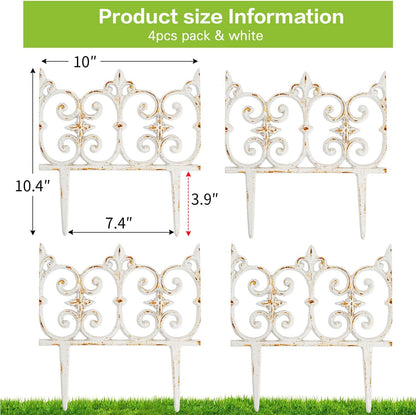 Sungmor Decorative Cast Iron Garden Edging, 4 Pack Rustic White Victorian Garden Edging Landscape Border, Vintage Metal Yard Stake Low Picket Fence, 10.6" Tall Outdoor Flower Bed Lawn Fence Panels