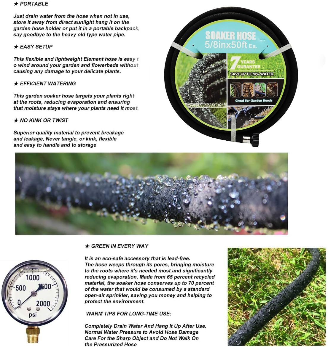 Soaker Hose with Connector 5/8in Diameter 25FT 50FT Black Garden Water Hose Flower Bed and Lawn Lightweight Hose (50FT)