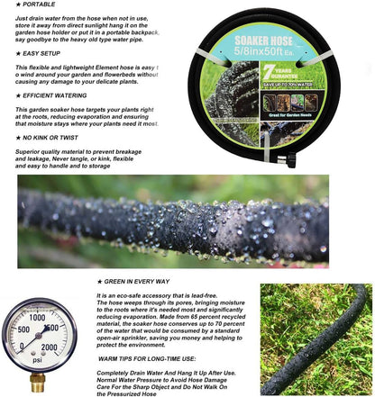 Soaker Hose with Connector 5/8in Diameter 25FT 50FT Black Garden Water Hose Flower Bed and Lawn Lightweight Hose (50FT)