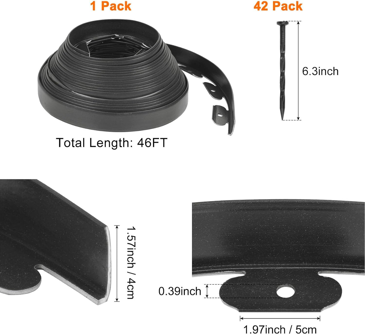 Garden Edging - 46 Feet Plastic Landscaping Edging Border with 42 PCS Spikes Apply to Flower Beds/Grass Lawn/Yard (46FT x 1.57IN, Black)