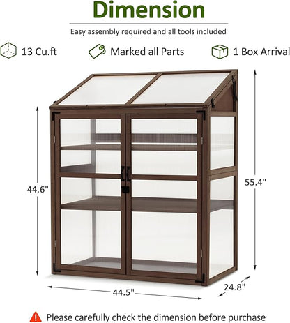Macrout Cold Frame Greenhouse, Large Wooden Greenhouse Cabinet, Garden Cold Frame with Adjustable Shelves for Outdoor Indoor Use, 1344 (Brown)