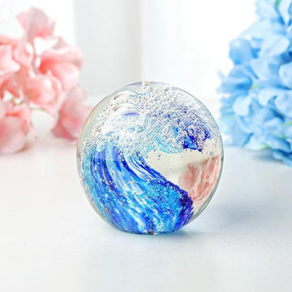 Decorative Crystal Ball Figurines Ocean Waves Paperweight Blown Glass Decor Sea Art Ocean Lovers Gift Blue 3.15"