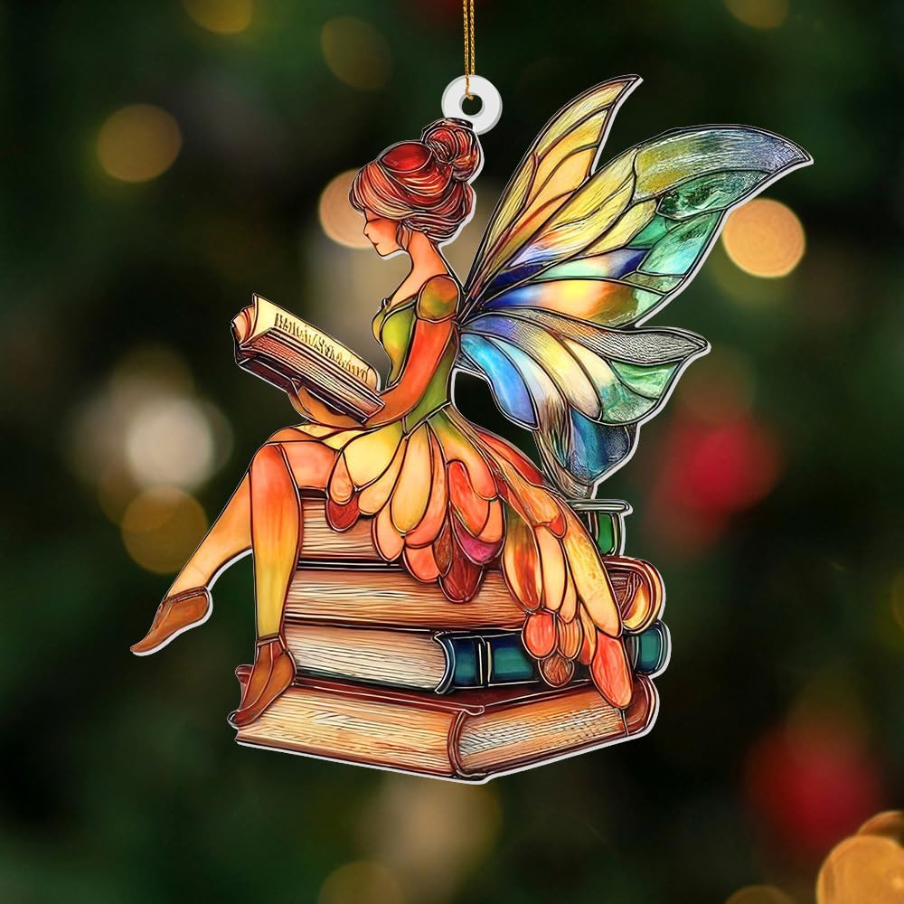 Reading Fairy Book Ornament – Stained Glass Style Acrylic Christmas Ornament, Book Lover Gift for Women, Teacher & Librarian Book Club Decorations, Fantasy Ornament Holiday Décor(Sun-15)