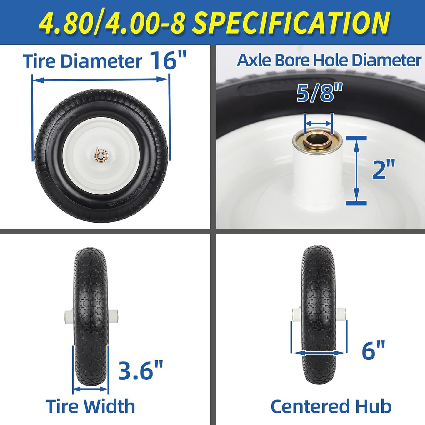 4.80/4.00-8" Flat-Free Tire and Wheel 16" Solid Wheelbarrow Tire, 6" Centered Hub, 5/8" Axle Bore Hole for Wheel Barrow Garden Utility Cart Replacement