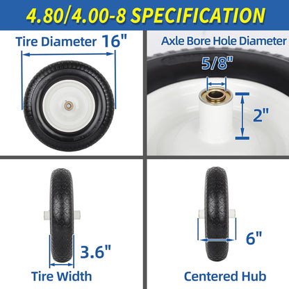 4.80/4.00-8" Flat-Free Tire and Wheel 16" Solid Wheelbarrow Tire, 6" Centered Hub, 5/8" Axle Bore Hole for Wheel Barrow Garden Utility Cart Replacement