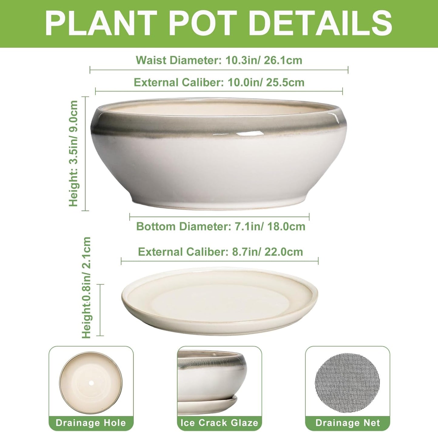SQOWL Bonsai Pots Ceramic - 10 Inch Succulent Planters for Indoor Plants Outdoor, Shallow Round Planter with Drainage Hole and Saucer, Ceramic Planter Bowl, Office Decor, Gifts for Women, Gray-Beige