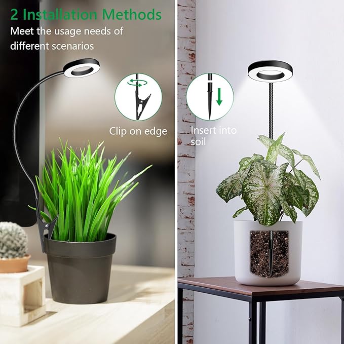 Plant Light 2 Pack, Clip on Grow Lights for Indoor Plants, LED Full Spectrum Halo Grow Lamp with, 6/12/16H Timer, 5 Dimmable, 3 Modes, 2 Installation Options Clip or Plug