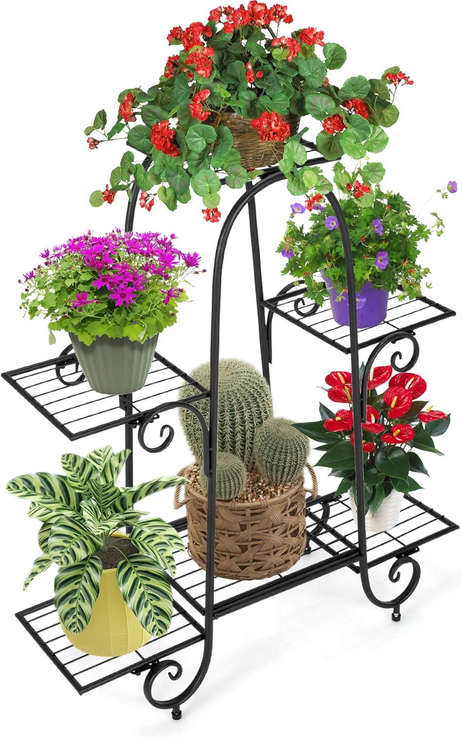 S AFSTAR 6-Tier Metal Plant Stand, Heavy-Duty Plant Display Stand Rack w/ Adjustable Footpads, Slatted Support Panel, Elevated Base, Decorative Flower Potted Holder Rack for Balcony, Living Room, Easy Assembly