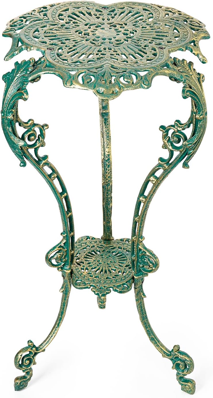 Sungmor Vintage Cast Iron Plant Stand - Ornate Green Pedestal Table for Indoor Outdoor Garden, 27.5" Antique Metal Flower Pot Holder, Victorian Style Plant Display Stand - Patio, Porch, Balcony Décor