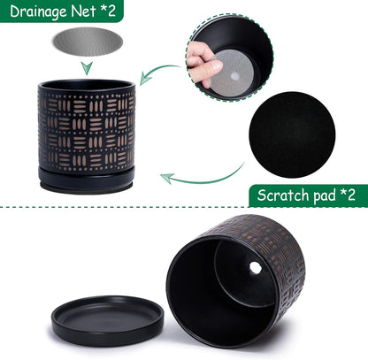 D'vine Dev Set of 2 Ceramic Planter Pots with Drainage Hole and Saucer, 6 Inch Plant Pots for Plants Indoor Houseplants, Black, 99-Z-F-2-Y