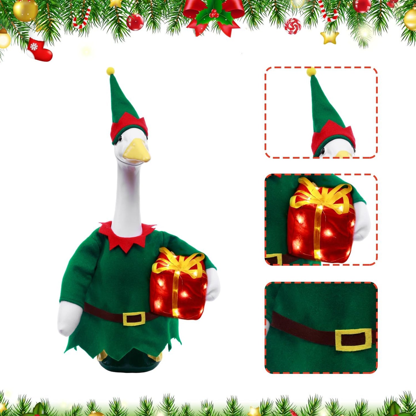 Christmas Toy Soldier Style Porch Goose Outfits,2 Pcs/Set Goose Clothes with Pointed Hat and Gift Box Fits 23" Lawn Goose Statue,Green Christmas Outdoor Goose Costume,Yard Patio Garden Xmas Decor