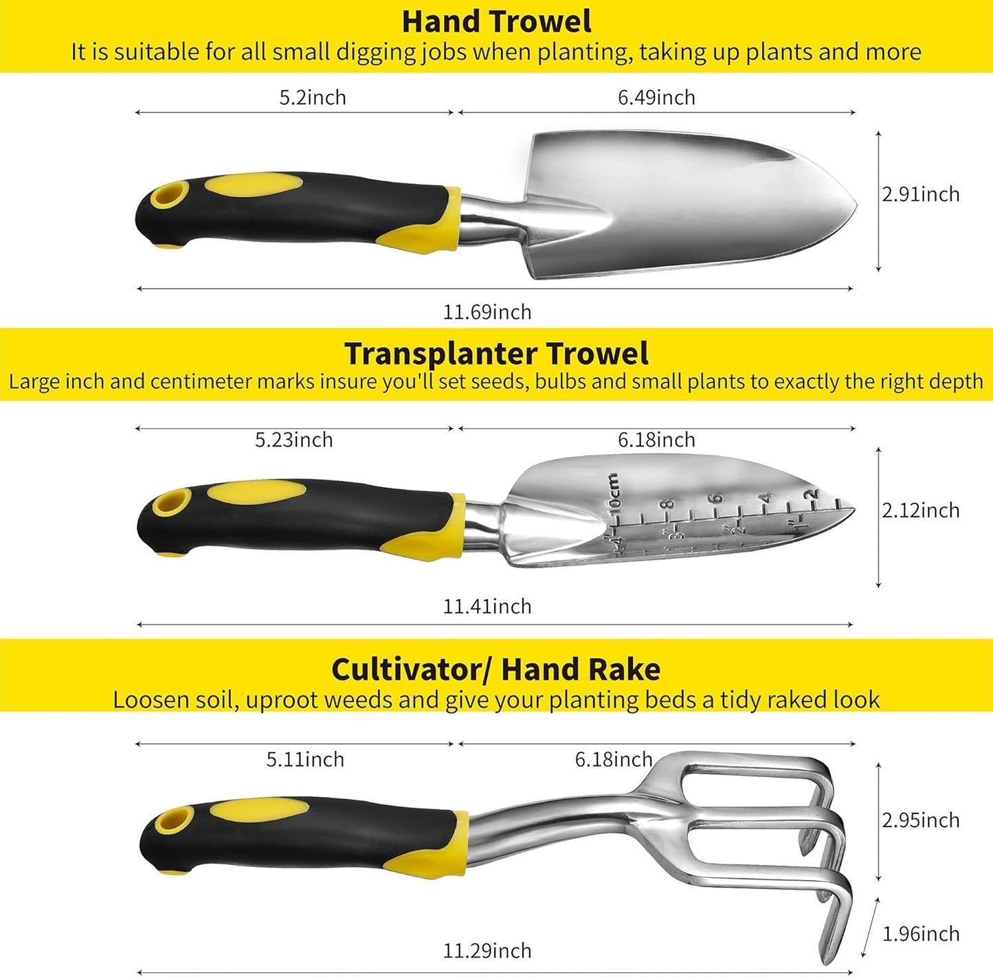 ⭐️ Gardenera 3PC Garden Tool Set with Soft Rubberized Non-Slip Handles - Hand Trowel, Transplant Trowel, Hand Rake in Polished Aluminum - Ideal for All Gardening Needs and The for Gardeners 🎁
