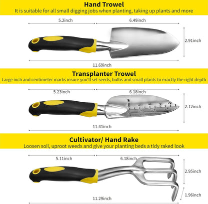 ⭐️ Gardenera 3PC Garden Tool Set with Soft Rubberized Non-Slip Handles - Hand Trowel, Transplant Trowel, Hand Rake in Polished Aluminum - Ideal for All Gardening Needs and The for Gardeners 🎁