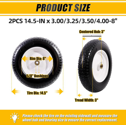 MZREXN 14.5" Wheelbarrow Tire Flat-Free 3.00/3.25/3.50/4.00-8" Solid Tire and Wheel with 3"-7" Centered Hub, 3/4" & 5/8" Bearings Replacement for Hand Truck/Dolly/Utility Cart/Garden Cart 2PCS White
