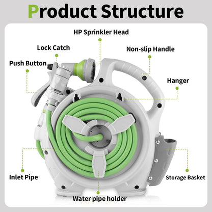 Kitness Mini Retractable Garden Hose Reel, Portable Simple Home 45+5 FT Hose Reel with 7 Adjustable Patterns Spray Nozzle&Standard Connector, Watering Hose Reel for Gardens Yards and lawns (Green)