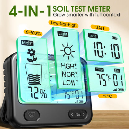 Soil Moisture Meter for Plants,4-in-1 Wireless Soil Tester,Soil Thermometer/Moisture/Sunlight