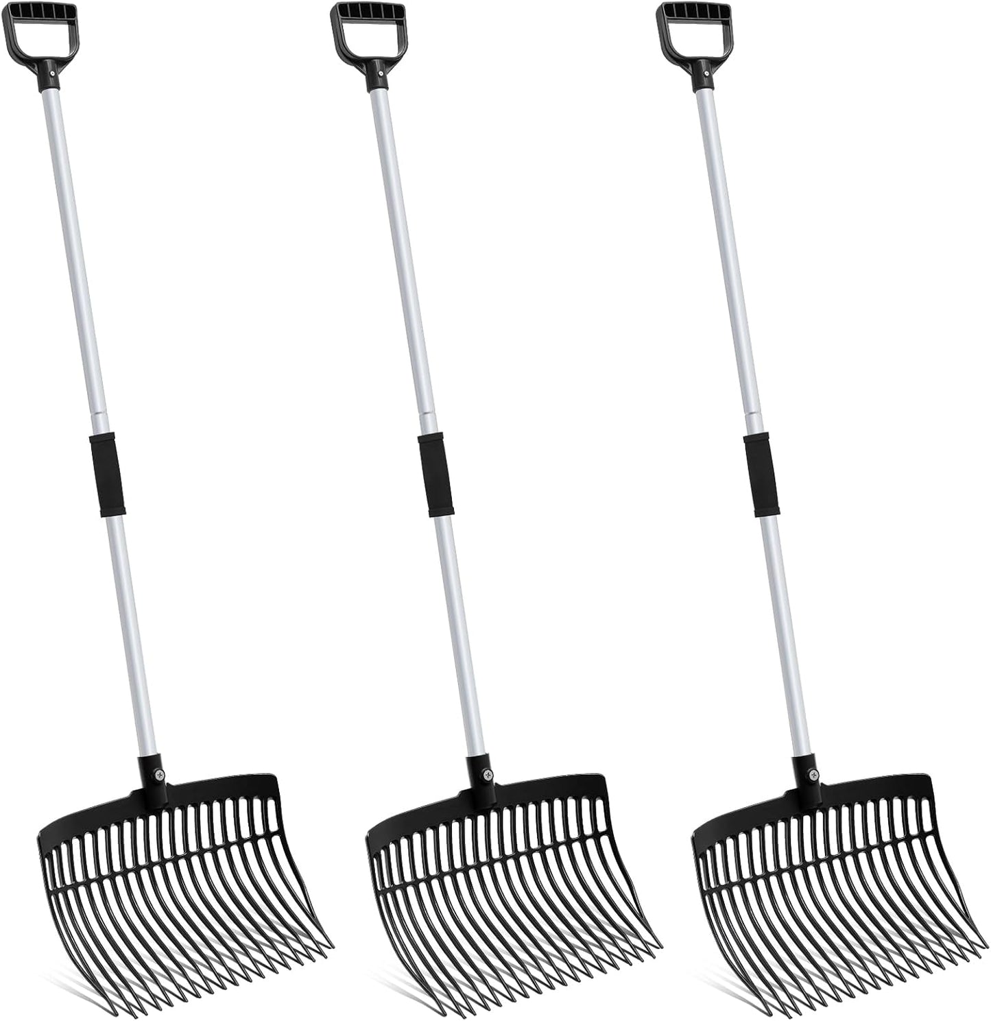 Lasnten 3 Sets Black Manure Fork with Long Metal Handle Pitch Fork Manure Rake Heavy Duty Muck Rake for Gardening Horse Stall Stable Grass Hay Cleaning Farm Work(D Shaped Grip)