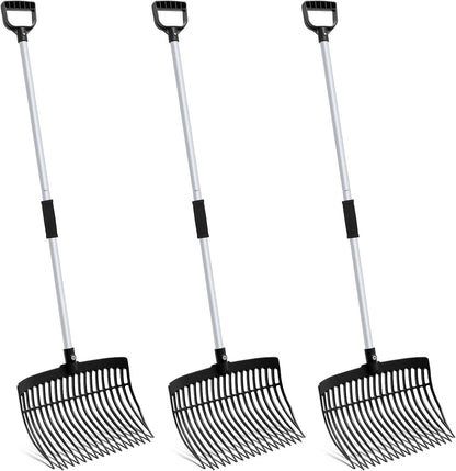 Lasnten 3 Sets Black Manure Fork with Long Metal Handle Pitch Fork Manure Rake Heavy Duty Muck Rake for Gardening Horse Stall Stable Grass Hay Cleaning Farm Work(D Shaped Grip)