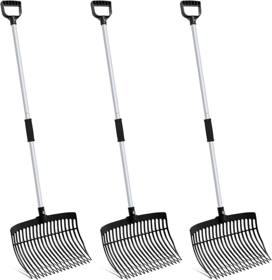 Lasnten 3 Sets Black Manure Fork with Long Metal Handle Pitch Fork Manure Rake Heavy Duty Muck Rake for Gardening Horse Stall Stable Grass Hay Cleaning Farm Work(D Shaped Grip)