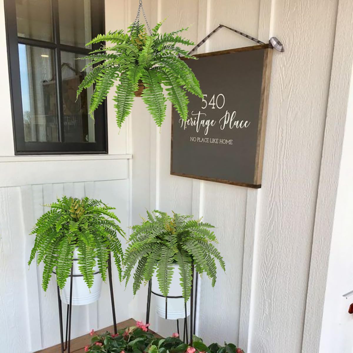 Fake Hanging Plants Large Boston Fern Artificial Plants Outdoor Realistic Fake Ferns with Palm Basket Silk Plants Ferns Hanging Plant Artificial Decor for Home Front Porch Window Garden - Green