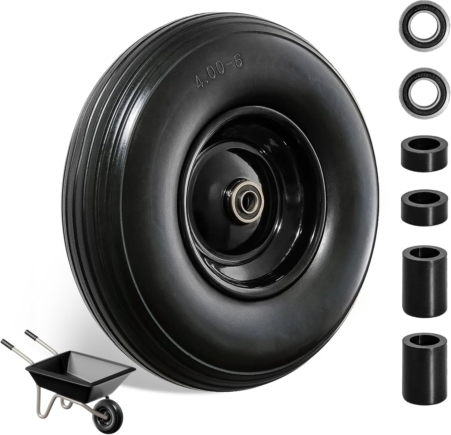 Wheelbarrow Wheel 13 Inch Flat Free 4.00-6 Solid Tire, Replacement Heavy Duty, with 5/8" and 3/4" Bearings 1.75" Center Hub, fits Garden Cart, Dolly, Hand Truck, Trailer, Utility Wagon, 1 Pcs