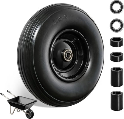 Wheelbarrow Wheel 13 Inch Flat Free 4.00-6 Solid Tire, Replacement Heavy Duty, with 5/8" and 3/4" Bearings 1.75" Center Hub, fits Garden Cart, Dolly, Hand Truck, Trailer, Utility Wagon, 1 Pcs