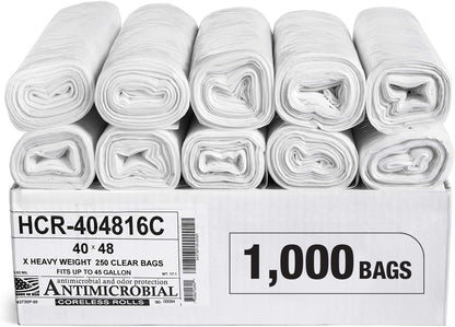 Aluf Plastics High Density Trash Bags, 45 Gallon, 1000 Count, 16 Micron (eq), 40" x 48", Clear, for Bathroom, Office, Industrial, Commercial, Janitorial, Municipal, Recycling