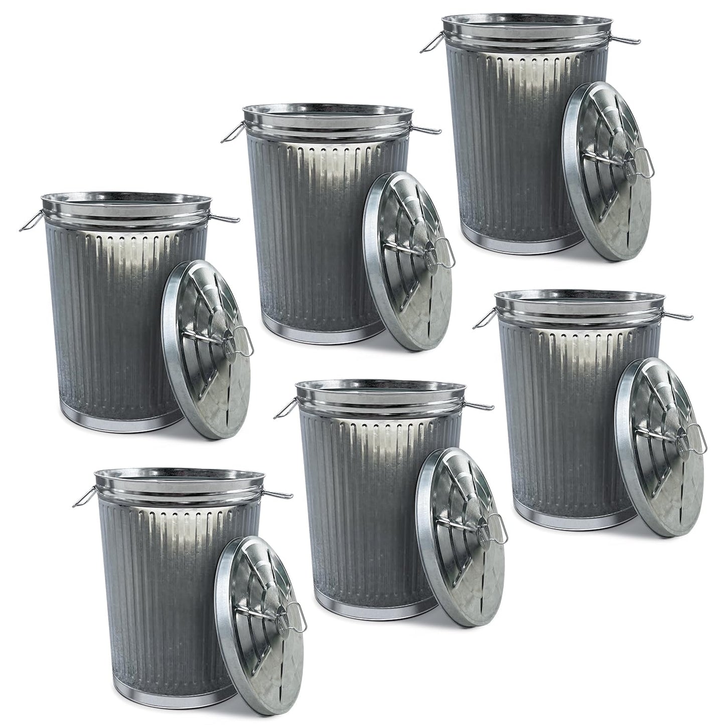 Plexon Metal Trash Can with Lid Outdoor 20 Gallon Galvanized Steel Garbage Bucket with Lid Silver, 6 Pack