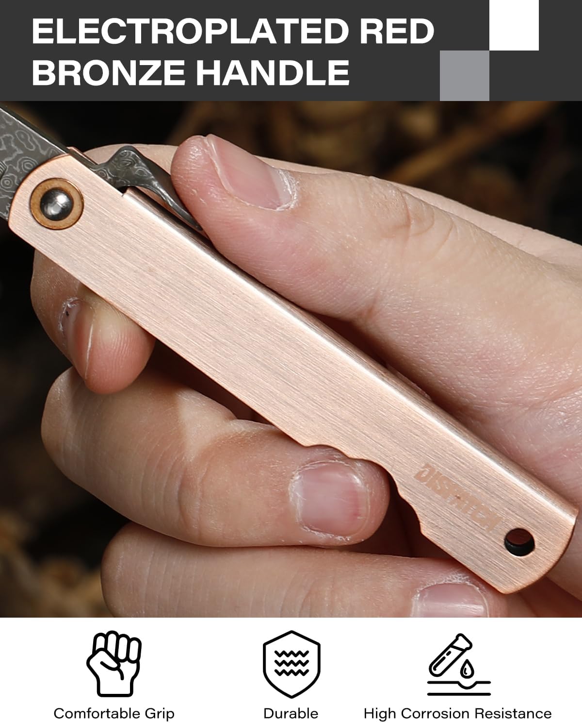 EDC Folding Knife, 2.8" Full Panel Plain Edge Blade, Non-Locking Pocket Knife Features Cloud Pattern Damascus Steel Blade & Red Bronze Electroplated Handle, Includes Black PU Sheath
