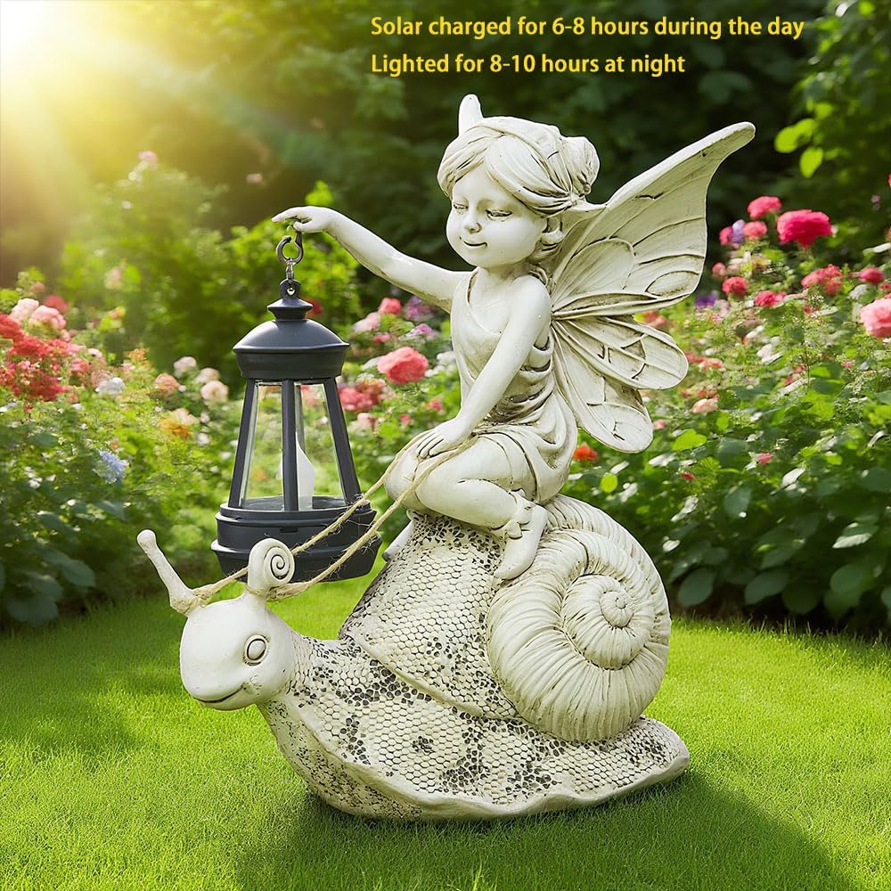 Solar Snail Statue Light, Outdoor Resin Solar Garden Sculpture, Fun Elf Riding Snail Fairy Tale Statue, Lawn, Patio Outdoor Unique Home Dcoration, Lady Gift!