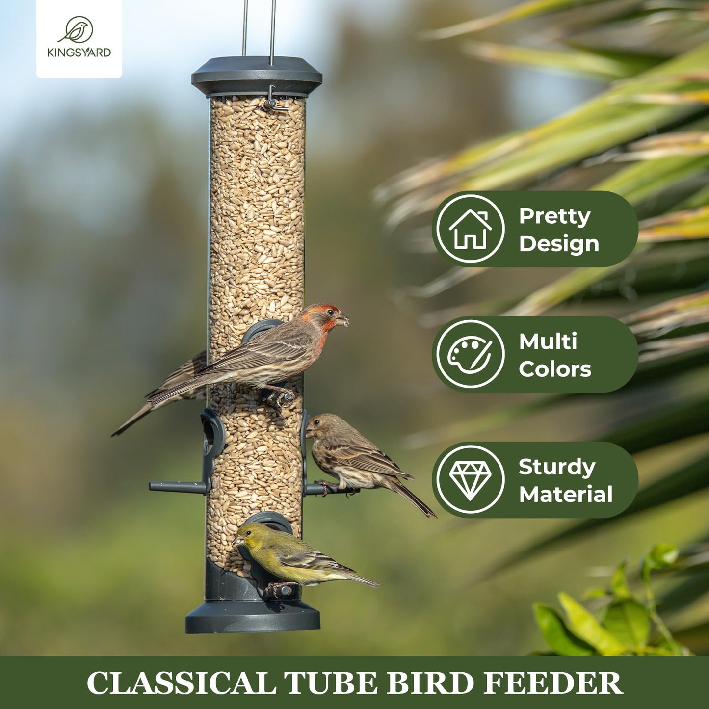 Kingsyard 2 Pack Tube Feeders with 6 Feeding Ports for Outdoors Hanging, Premium Hard Plastic