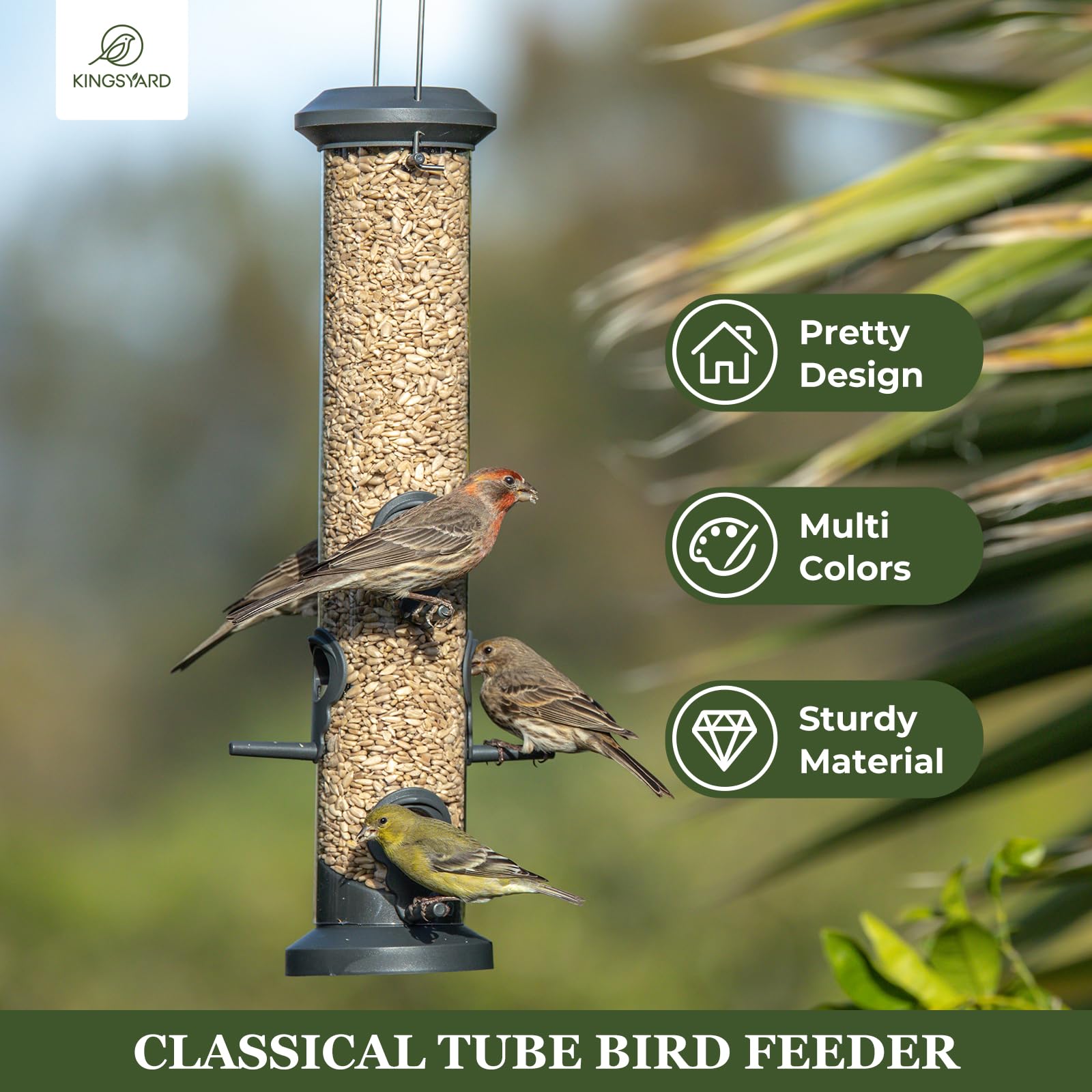 Kingsyard 2 Pack Tube Feeders with 6 Feeding Ports for Outdoors Hanging, Premium Hard Plastic