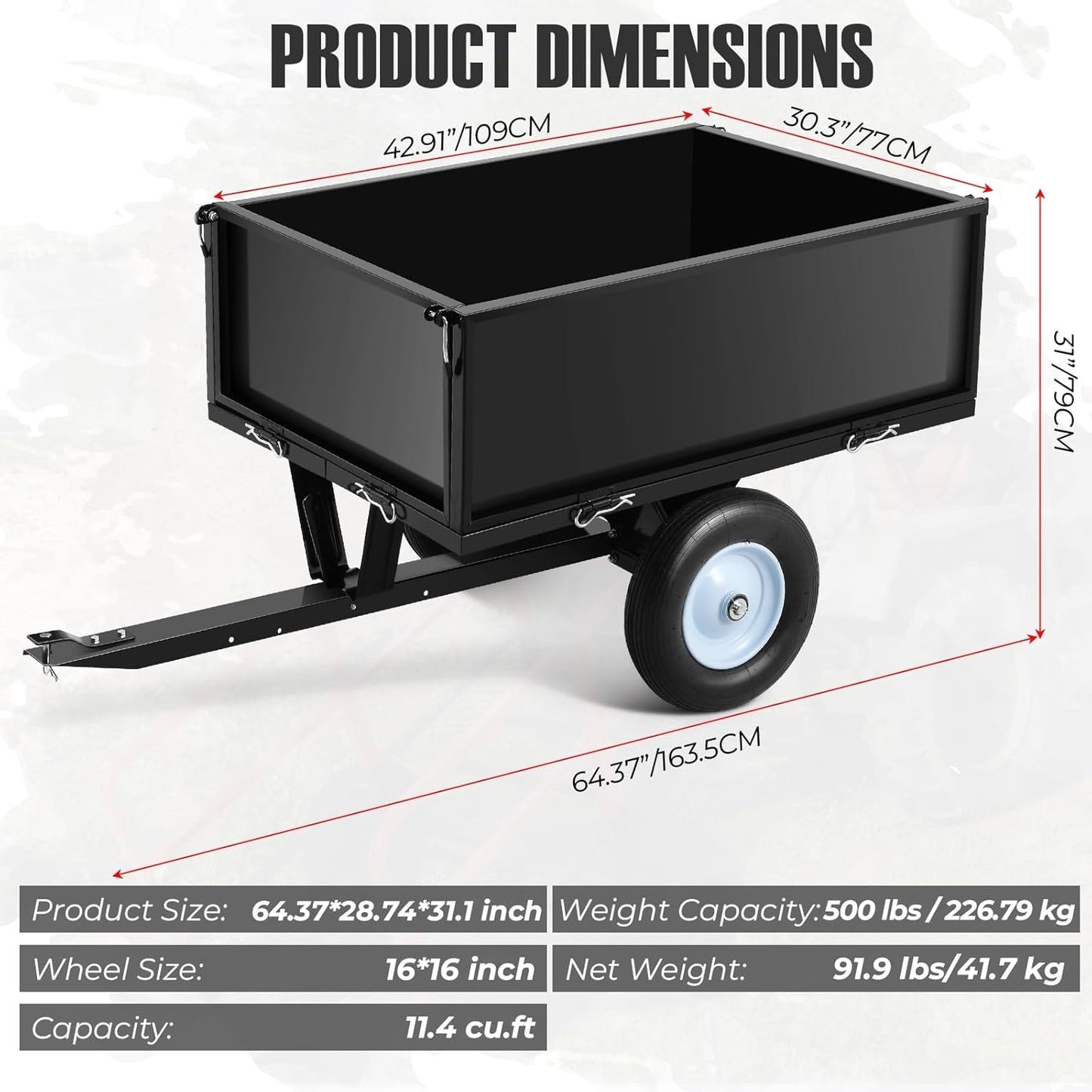 Heavy Duty Steel Dump Trailer, 500 LBS/11.4 Cu.Ft Capacity Garden Dump Cart for Lawn Mower, Utility Trailer with Removeable Rear Panel, Designed for Tractor, ATV, UTV, Black