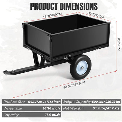 Heavy Duty Steel Dump Trailer, 500 LBS/11.4 Cu.Ft Capacity Garden Dump Cart for Lawn Mower, Utility Trailer with Removeable Rear Panel, Designed for Tractor, ATV, UTV, Black