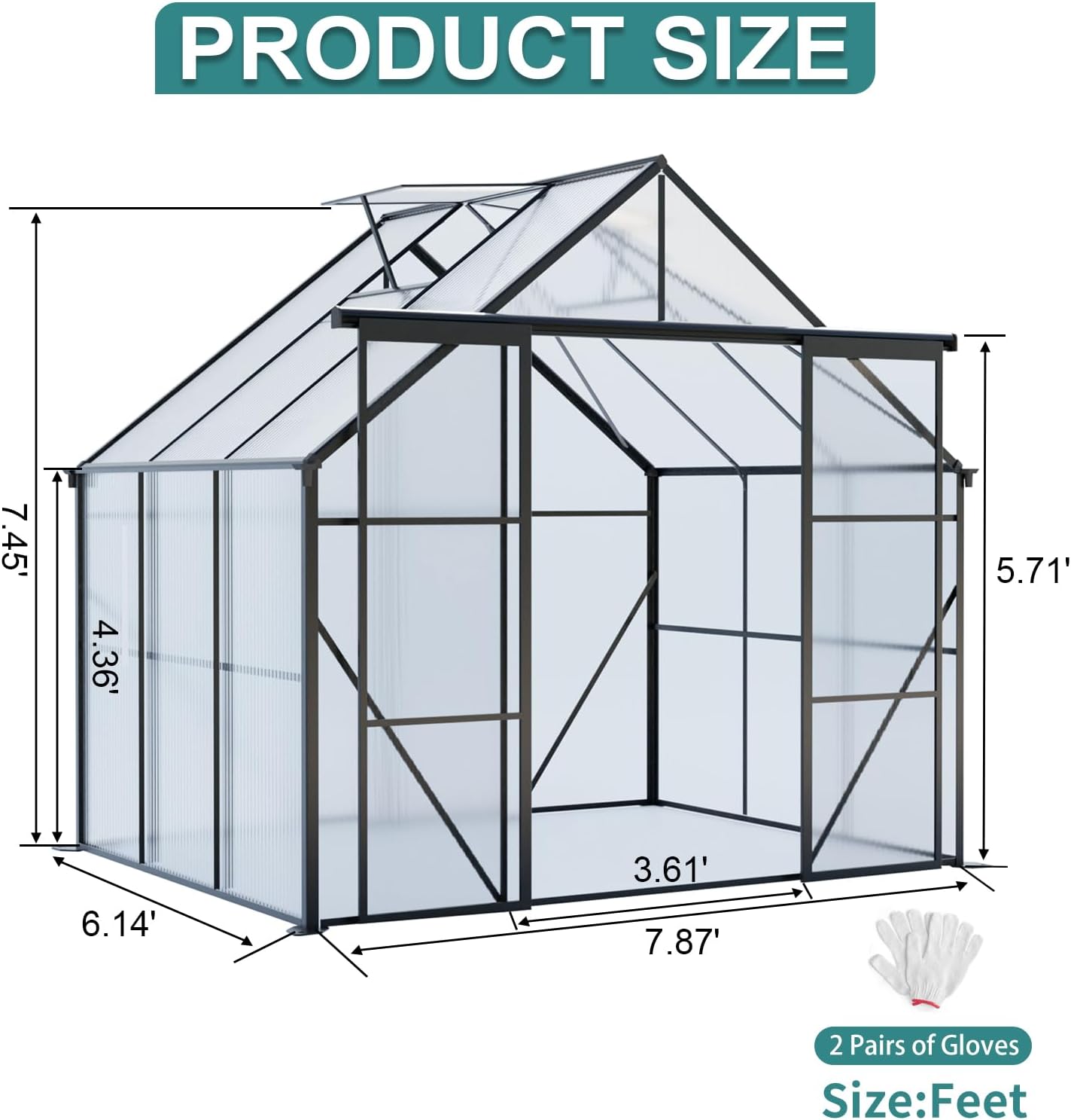 KEIKI 8x6 FT Double Door Upgrade Polycarbonate Greenhouse with Aluminum Frame,Raised Base and Roof Vent,Walk-in Greenhouses for Patio Garden