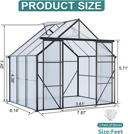 KEIKI 8x6 FT Double Door Upgrade Polycarbonate Greenhouse with Aluminum Frame,Raised Base and Roof Vent,Walk-in Greenhouses for Patio Garden