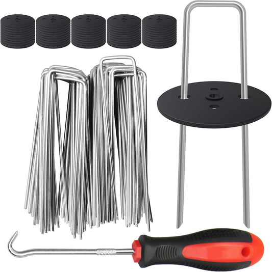 50pcs Landscape Staples+50pcs Gaskets+1 Pick Hook, 6 Inch Garden Artificial Turf Stakes Heavy Duty 11Ga U Shaped Galvanized Yard Ground Pins for Weed Fabric Barrier, Groud Cover, Outdoor Decorations