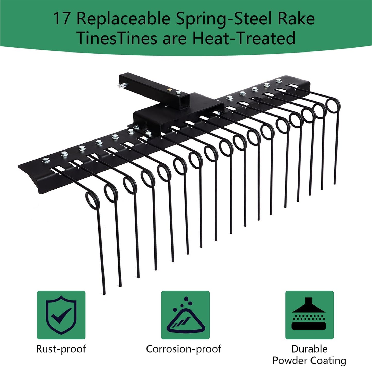 48" Durable Pine Straw Rake Steel Spring Landscape Rake Fits 2" Receiver for Lawn Tractors or ATV/UTV Black