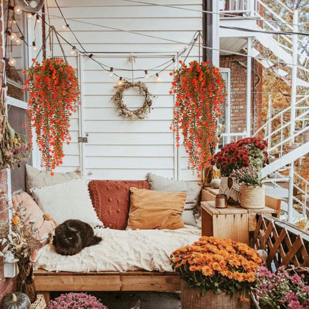 SJL Artificial Fake Fall Hanging Flowers Fake Plant Artificial Hanging Plants Flower Fall Eucalyptus Palnts Outdoor Faux Autumn Vines Decor Real Touch for Patio Living Room Thanksgiving (Salmon)