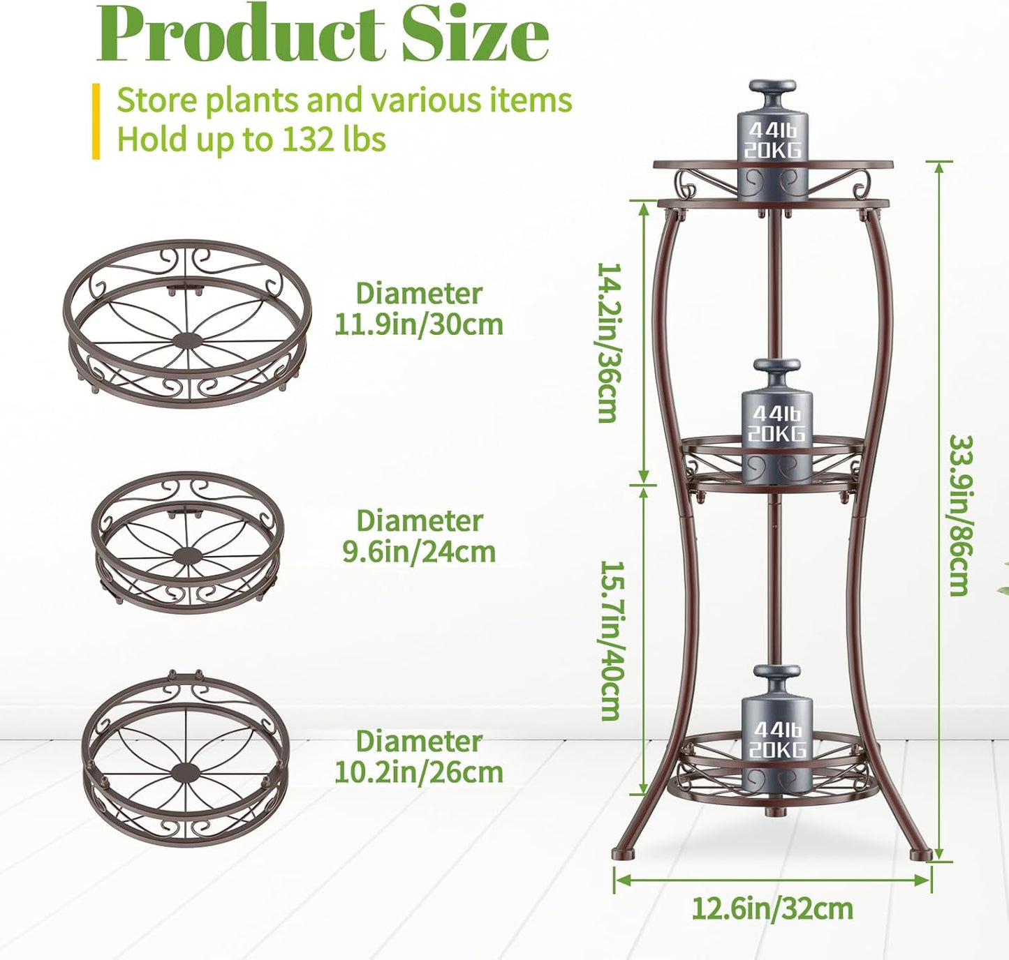 iDavosic.ly 3 Tier Tall Metal Plant Stand Indoor Outdoor, Wrought Iron Corner Flower Pot Holder Shelf, 34 Inch Vertical Display Rack for Patio Porch Living Room Garden, Bronze