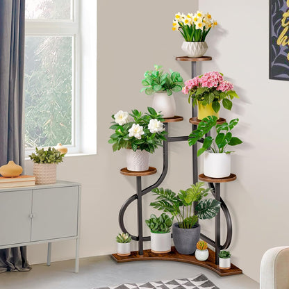6-Tier Corner Plant Stand, Indoor Plant Stand with L-shaped Base, Aesthetic Metal Plants Shelf for Multiple Plants Flower Pot, MDF Outdoor Plant Holder for Patio Balcony (Rustic Brown)