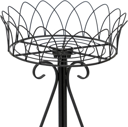 Black Round Low Plant Stand Single Pot Holder, Antique French Pedestal with Cutout Patterns, Compact Garden Decor for Cactus Ferns Plant Holder