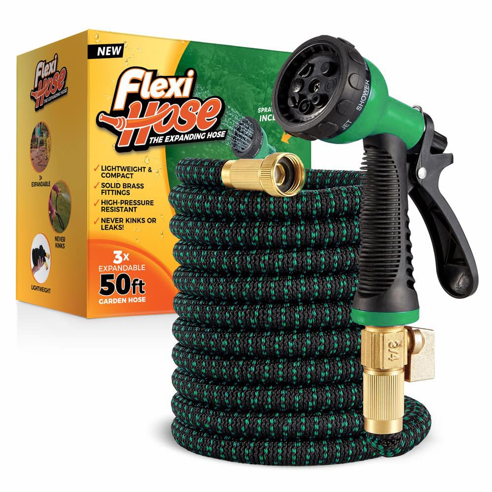 Flexi Hose with 8 Function Nozzle, 50FT - Lightweight Expandable Garden Hose, No-Kink Flexibility