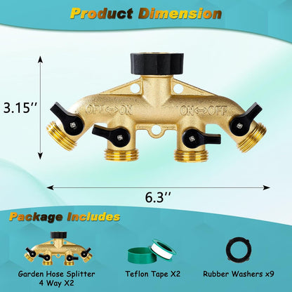 Dalmbox Garden Hose Splitter 4 Way, Water Hose Splitter, 3/4" Heavy-Duty Brass Garden Hose Splitter, Includes 9 Rubber Washers & Teflon Tape(2 pack)