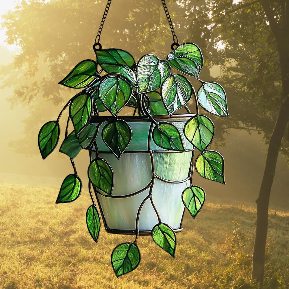 Cascading Ivy Leaf Acrylic Suncatcher Stained Glass Effect Window Car Hanging Christmas Ornament Indoor Outdoor Decor Garden Sun Catcher Panel for Monstera Lover for Women Mom Grandma