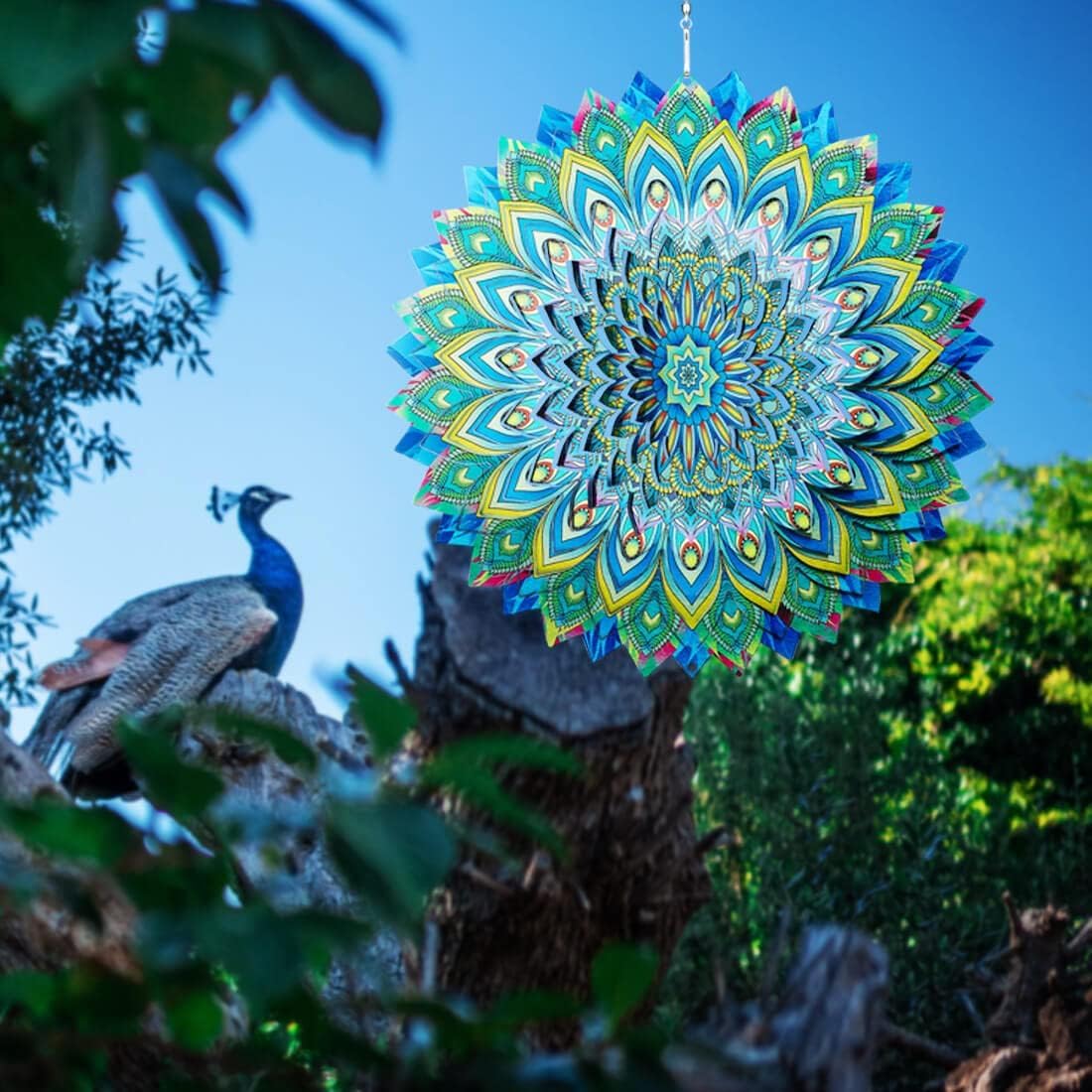 Peacock Wind Spinner,12.1in Green Bird Feather Style Spinner Hanging Ornaments,3D Kinetic Art Garden Sculptures,Sun Catcher Outdoor Metal Large Spinning Yard Decor,Big Craft Decorations for Garden
