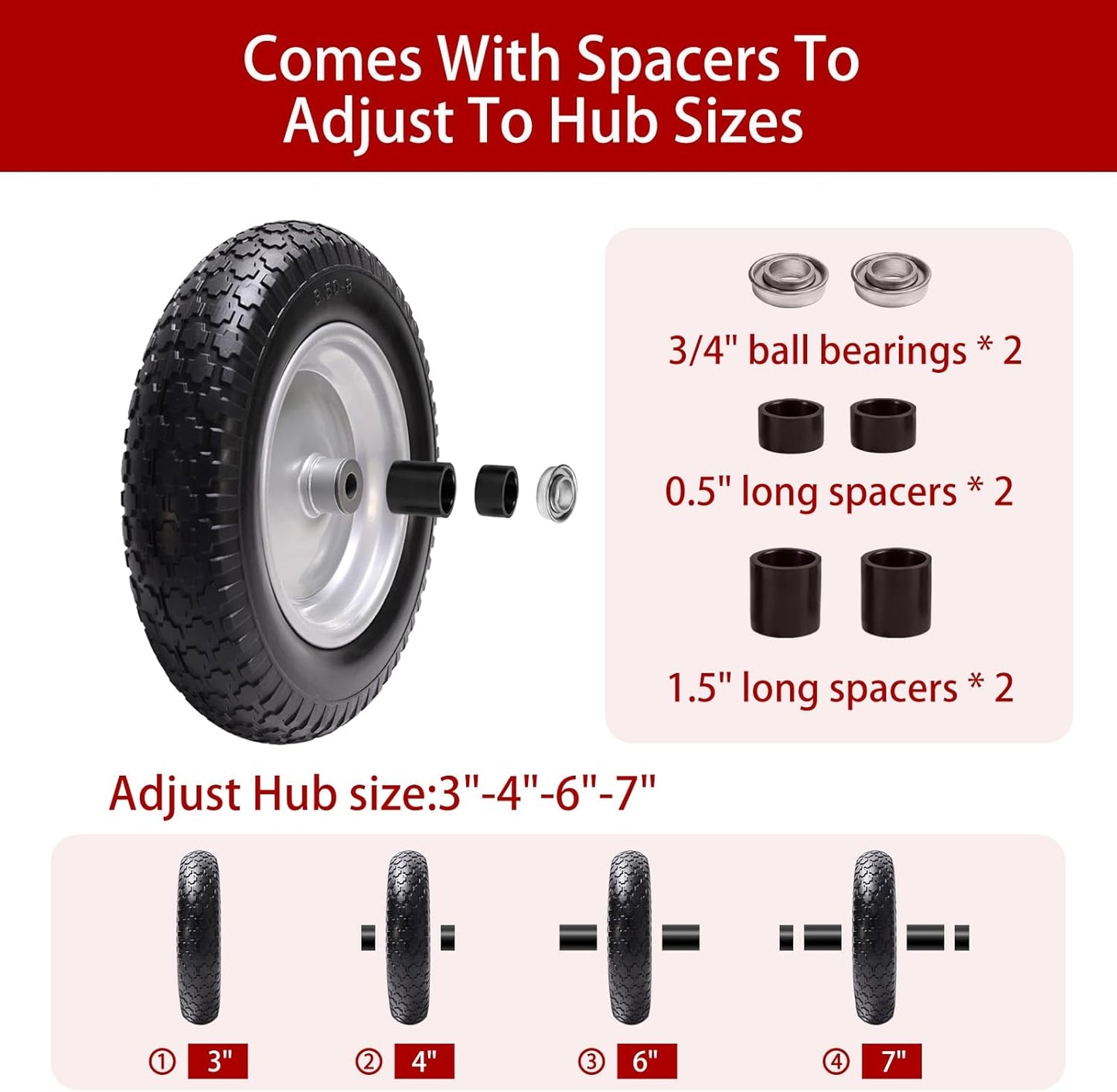 14.5" Wheelbarrow Tire, 3.50-8" Flat-free Solid Tire and Wheel with 3" -7" Centered Hub and 5/8" & 3/4"Bearings for Wheelbarrow Trolley Dolly Lawn Mover Go Kart Replacement (2-Pack)