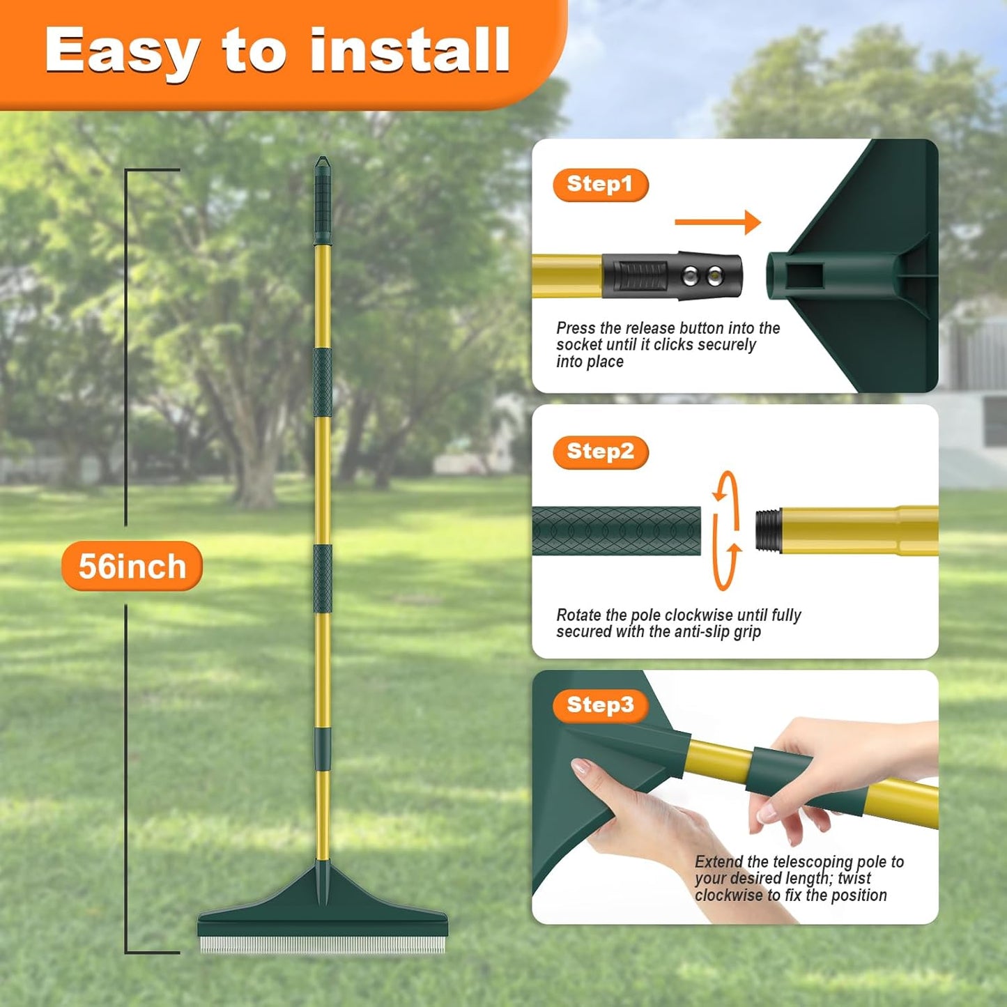 Artificial Turf Rake with Steel Telescopic Handle, 32 to 55 Inch 3 Piece-Pole Easy Storage Design, Garden Hand Boom Rake for Artificial Grass, Carpet Pet Hair, Lawn Leaves and Debris Remove, Yellow
